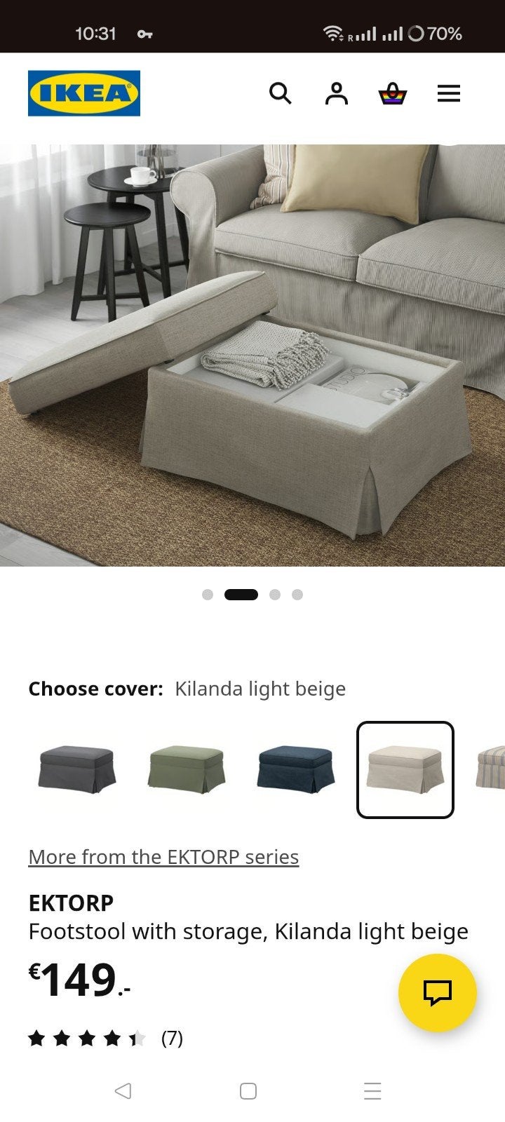 IKEA EKTORP Voetenbank met opbergruimte, Kilanda licht beige, Ophalen, Modern, Scandinavisch, 50 tot 75 cm, Zo goed als nieuw