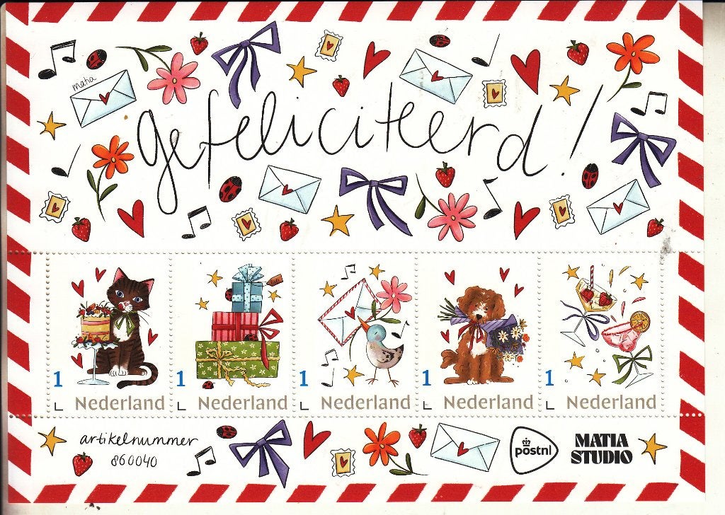 Persoonlijke : gefeliciteerd, hond. kat. vogel, 5 verschille, Ophalen of Verzenden, Na 1940, Postfris