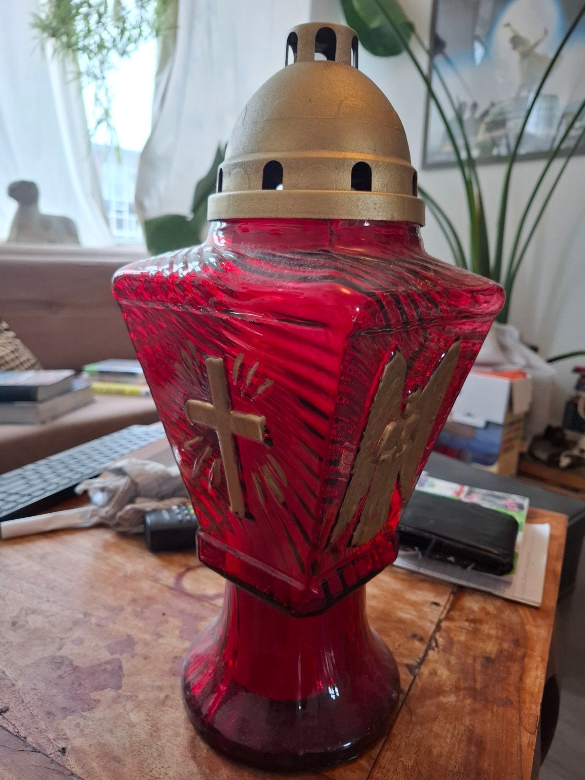 Grote glazen grafkaars met kruis en engel, Antiek en Kunst, Ophalen of Verzenden