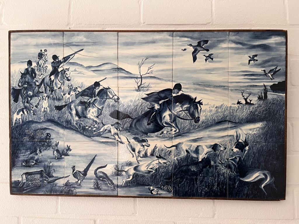 Blauwwit tegeltableau jachtscene 20e eeuw, Antiek en Kunst, Ophalen