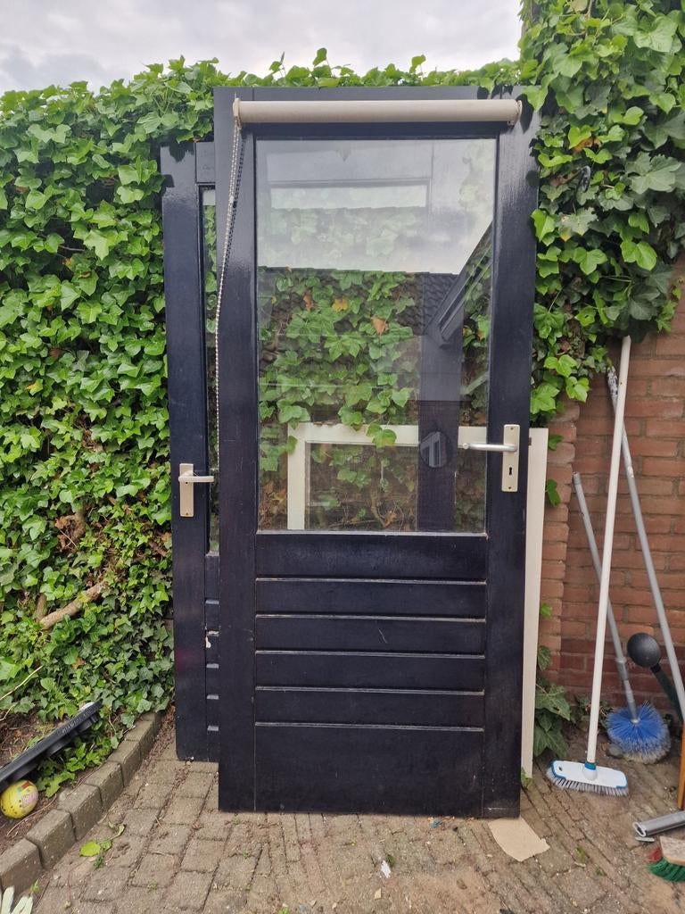 Hardhouten deuren met glas, Ophalen, Gebruikt, 80 tot 100 cm, Buitendeur