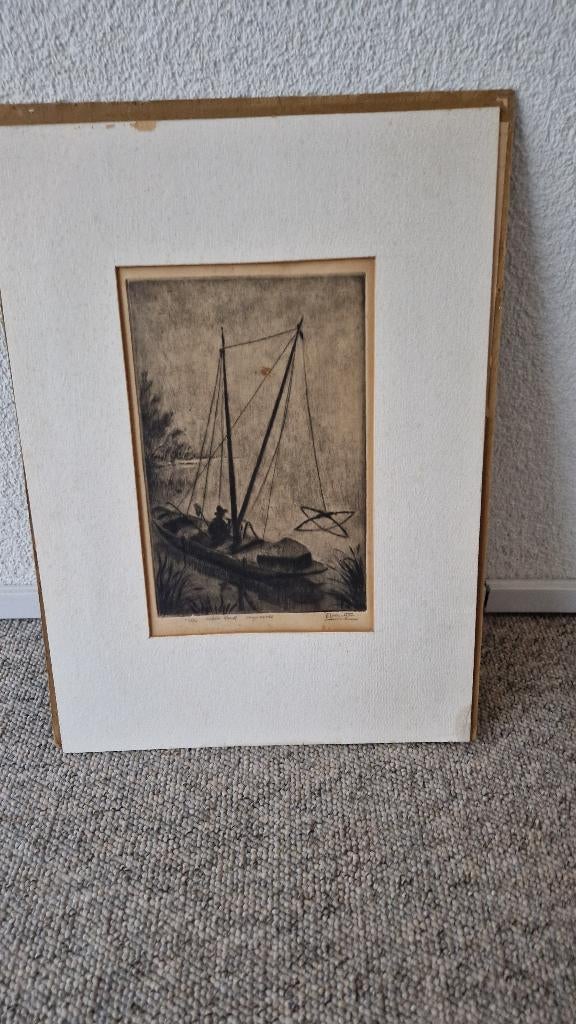 Ets Vissersboot 1930-1970 oplage 3/20, Antiek en Kunst, Kunst | Etsen en Gravures, Ophalen of Verzenden