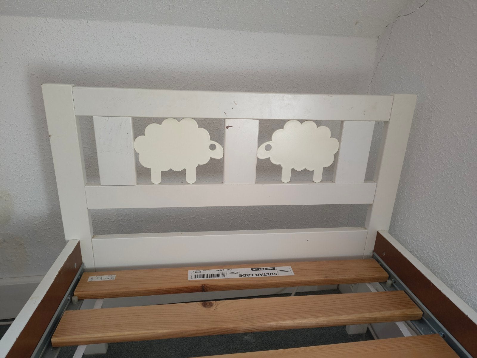 Eenpersoonsbed met schapenhoofdeinde - Gebruikt, Ophalen, Gebruikt, Wit, 190 cm of minder