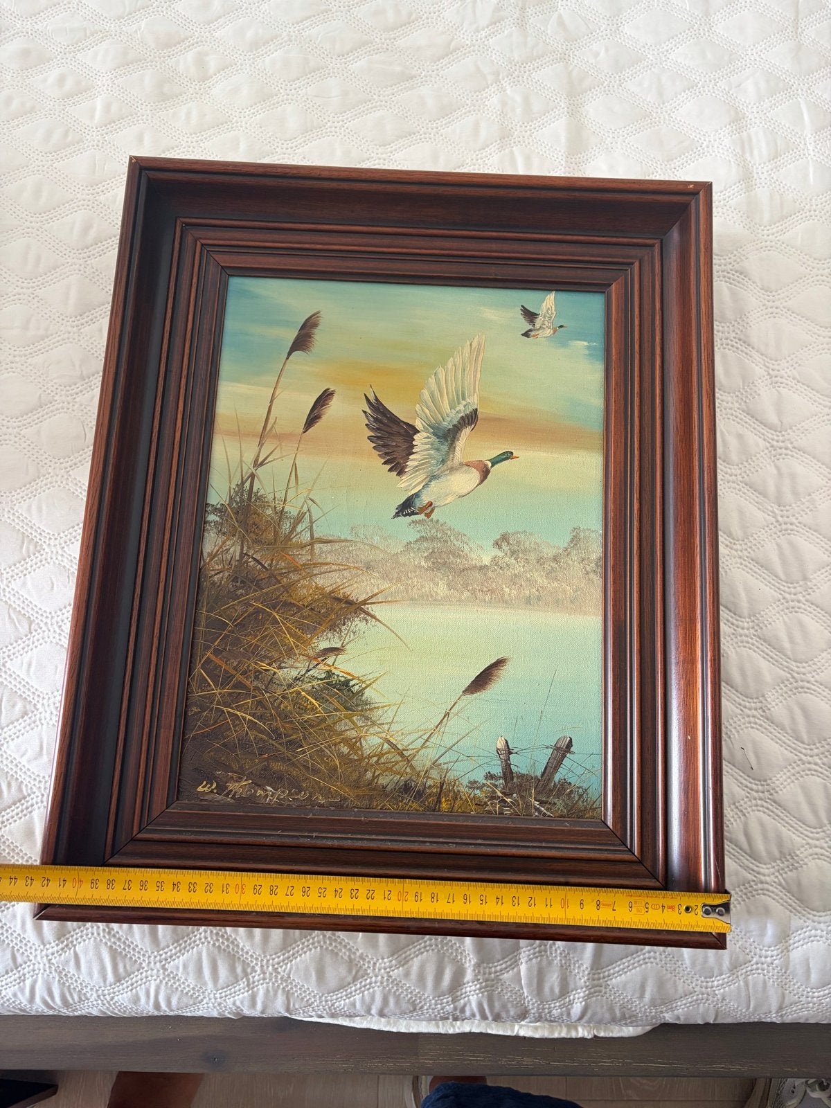 Geschilderd tafereel met vliegende eenden, 52x43 cm, Antiek en Kunst, Kunst | Schilderijen | Klassiek, Ophalen, Doek, Realistisch