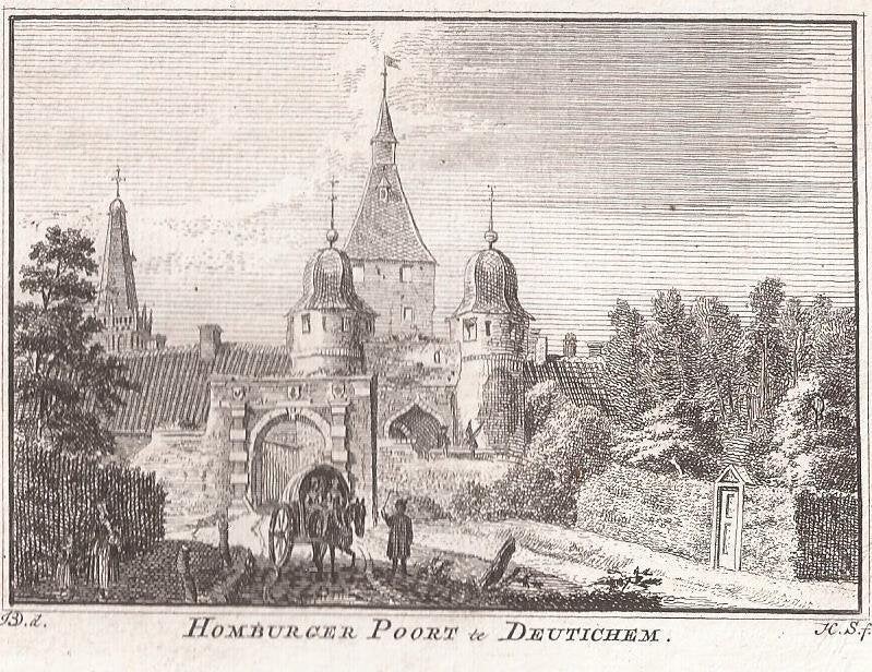 Doetinchem Homberger Poort te Deutichem ca. 1750, Antiek en Kunst, Kunst | Etsen en Gravures, 10 cm, Origineel, 7 cm, Stadsgezicht