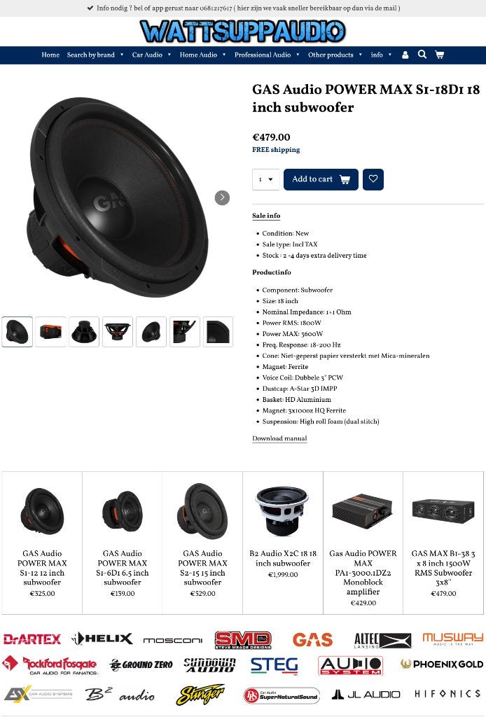GAS Audio POWER MAX S1-18D1 18 inch subwoofer, Info@optimount.nl, Nieuw, Ophalen of Verzenden, Anholtseweg 48A 7091 HB DINXPERLO