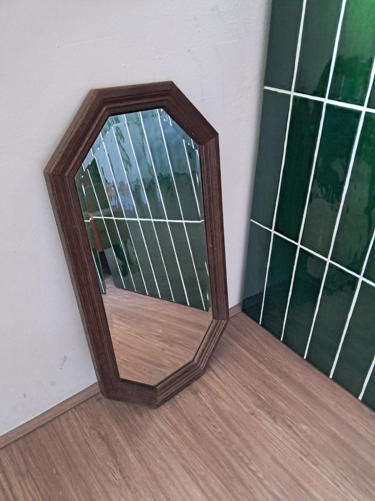 Vintage spiegel eikenhout geslepen glas, 8 hoekig, Ophalen, Minder dan 50 cm, Gebruikt, Minder dan 100 cm