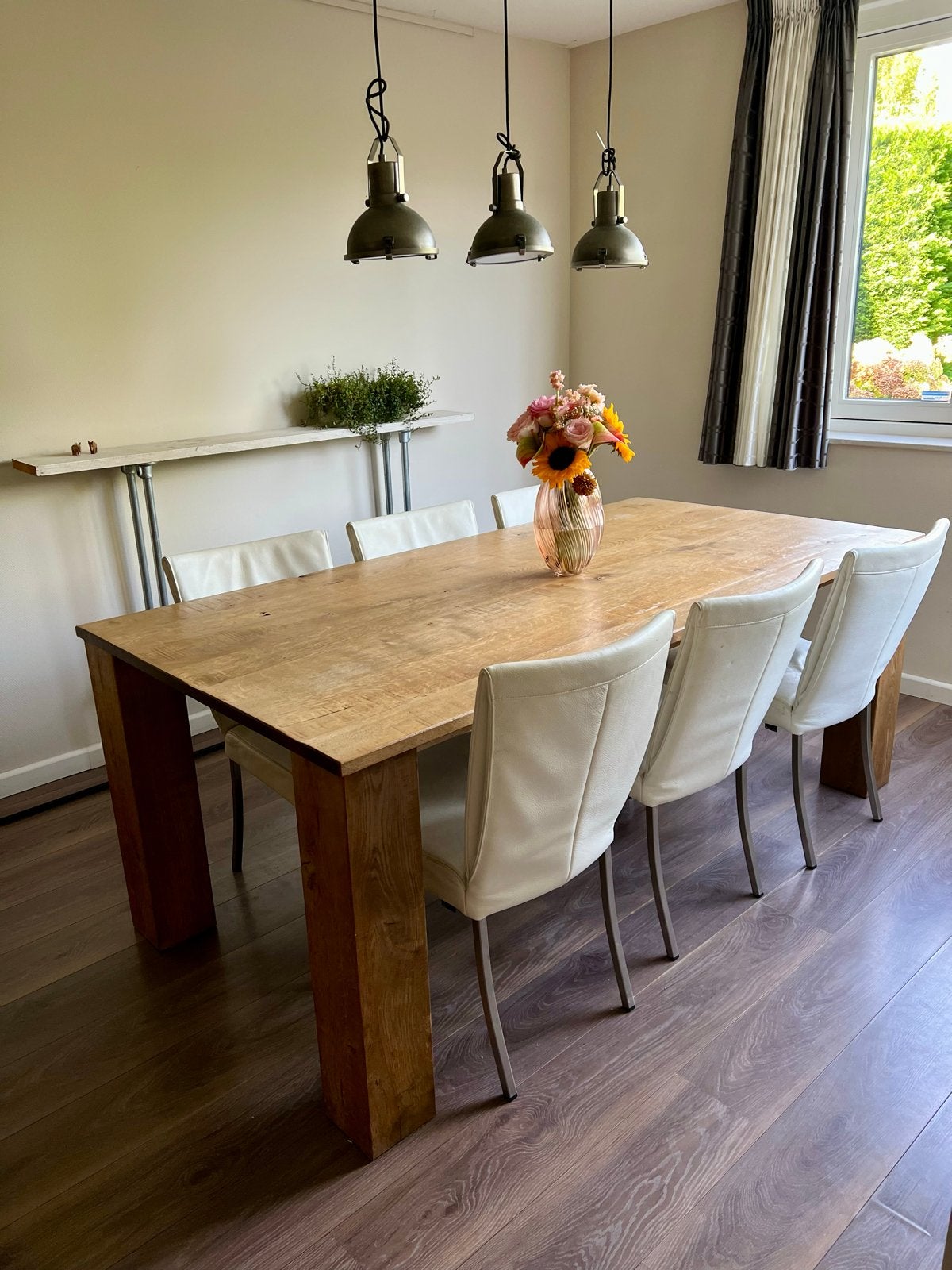 Robuuste eettafel incl leren stoelen, Ophalen, 100 tot 150 cm, Eikenhout, 200 cm of meer