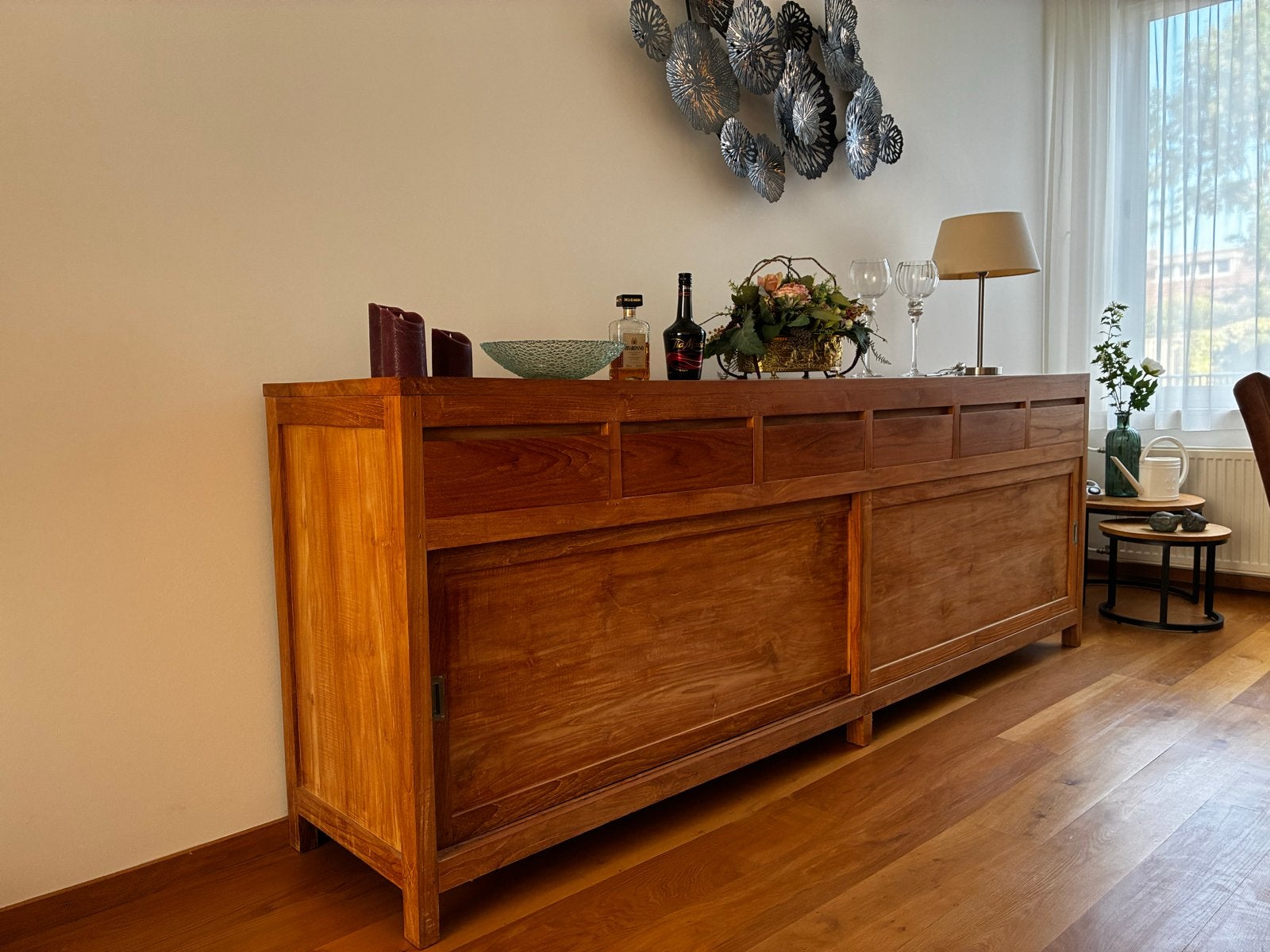 Massief Teakhouten Dressoir met Schuifdeuren  enLades, Ophalen, Teakhout, Zo goed als nieuw, 200 cm of meer