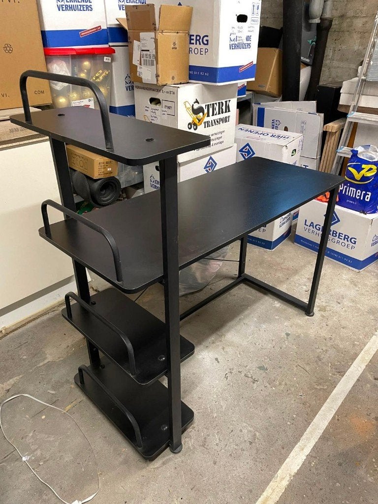Zwart multifunctioneel bureau met ingebouwde opbergplanken, Ophalen, Zwart, Gebruikt, 120 cm