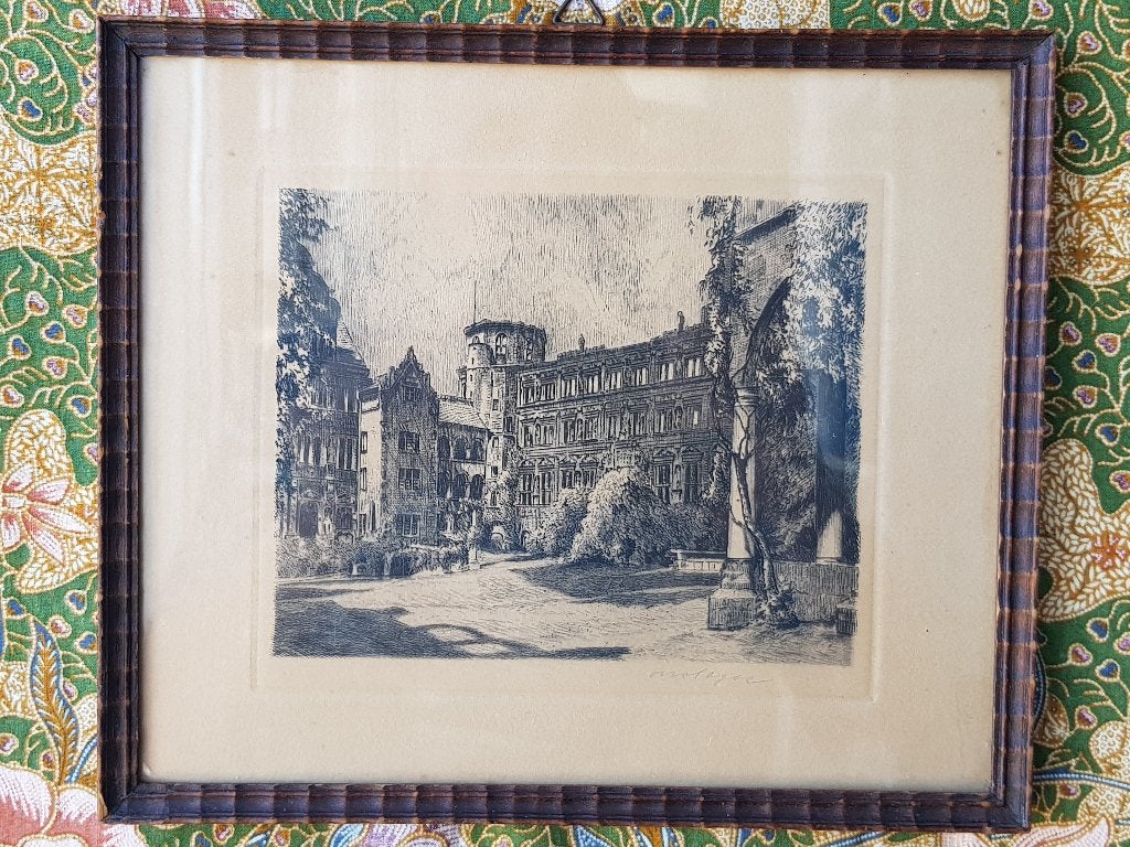 Mooie originele antieke ingelijste ets 22-26 cm.