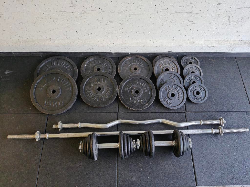 145kg Allright / Tunturi Halterset incl. stangen, Sport en Fitness, Ophalen, Benen, ., Zo goed als nieuw