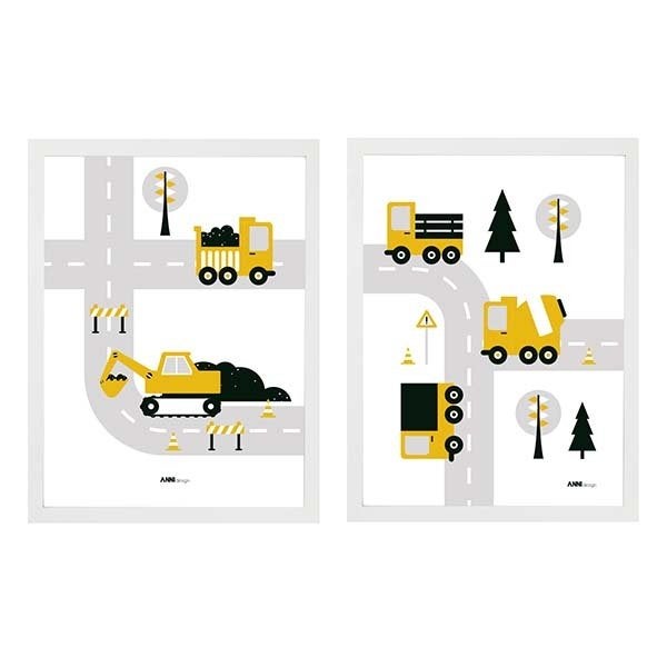 Kinderposters Werkvoertuigen Okergeel (set van 2) ANNIdesign, Ophalen of Verzenden, Nieuw, Rechthoekig Staand, Overige onderwerpen