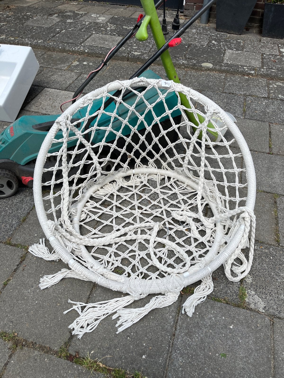 Witte Macramé Hangstoel - Comfortabel en Stijlvol, Ophalen, Gebruikt, Eenpersoons, Binnen