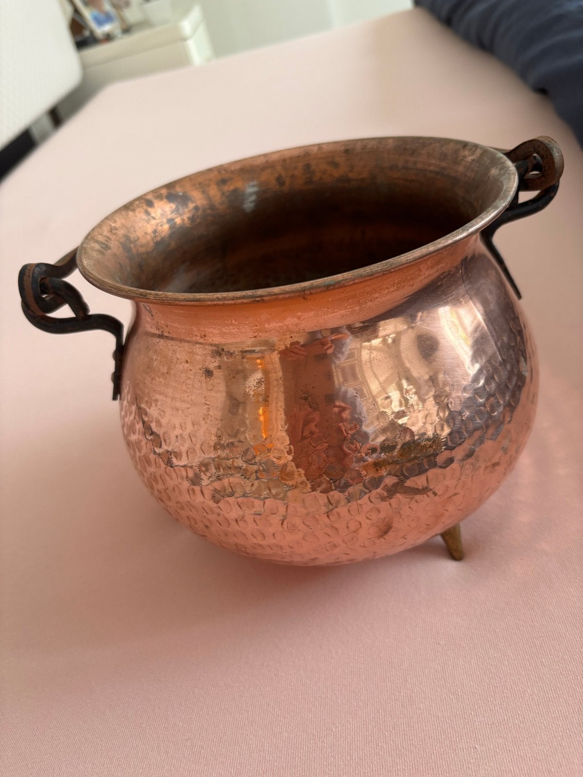 Antieke Koperen Pot met Handvat en Drie Poten, Ophalen, Koper
