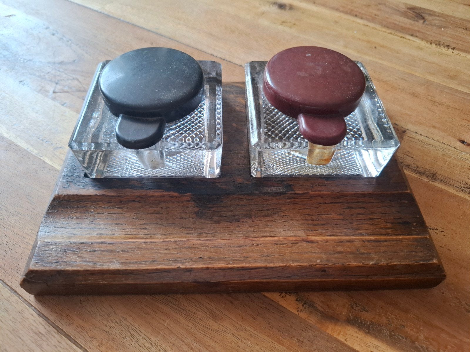Antieke Inktpotten op Houten Houder, Ophalen of Verzenden