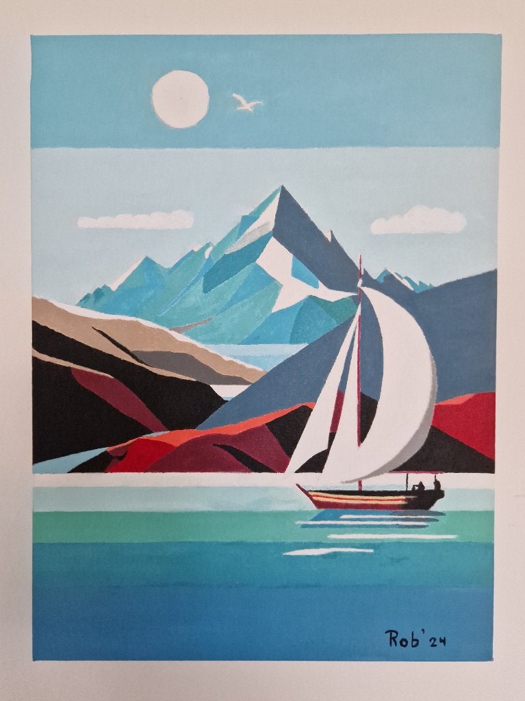 abstract landschap met zeilboot, Ophalen