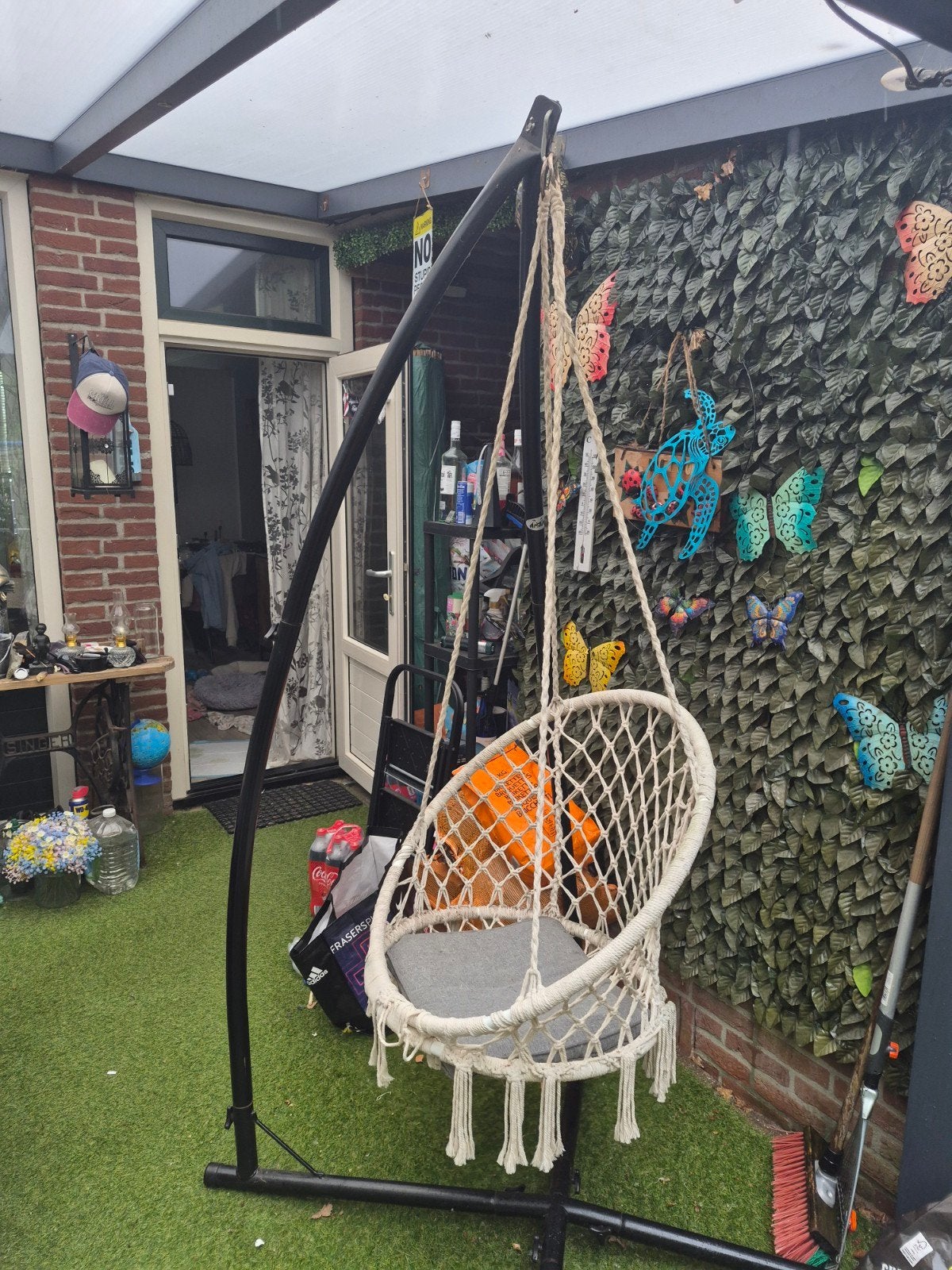 Hangstoel met standaard - Macramé design, Tuin en Terras, Ophalen of Verzenden, Zo goed als nieuw, Met standaard, Eenpersoons