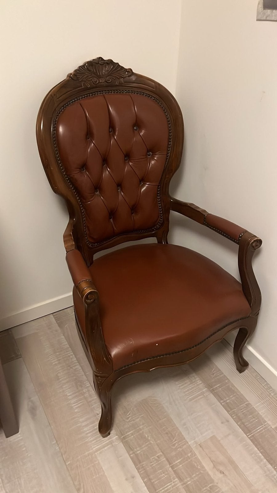 vintage barok fauteuil - cognacbruin – houten sierframe, Ophalen, Gebruikt, Bruin, Hout
