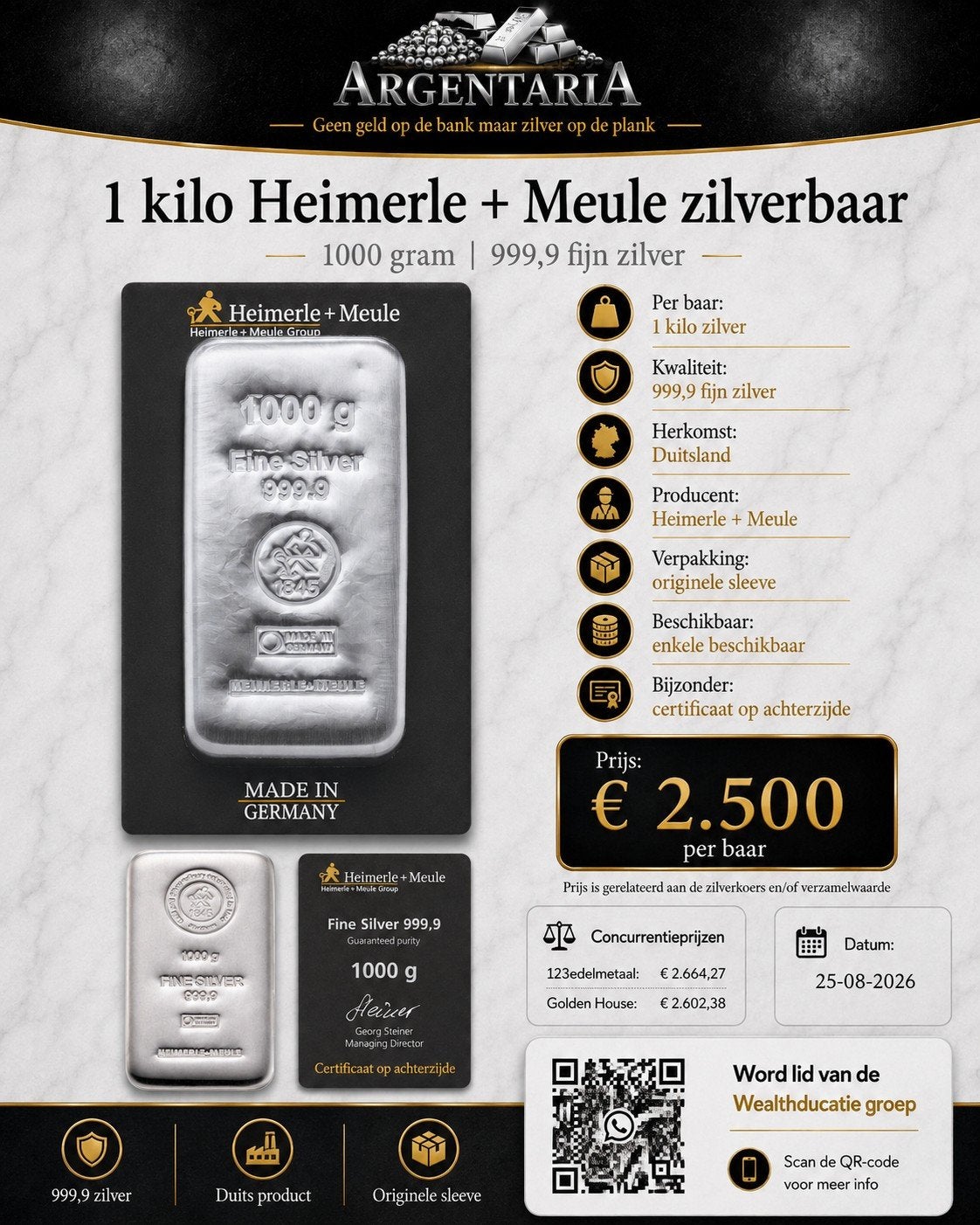 Heimerle + Meule 1kg 9999 puur zilverbaar - Geseald - certi, Ophalen of Verzenden, Zilver