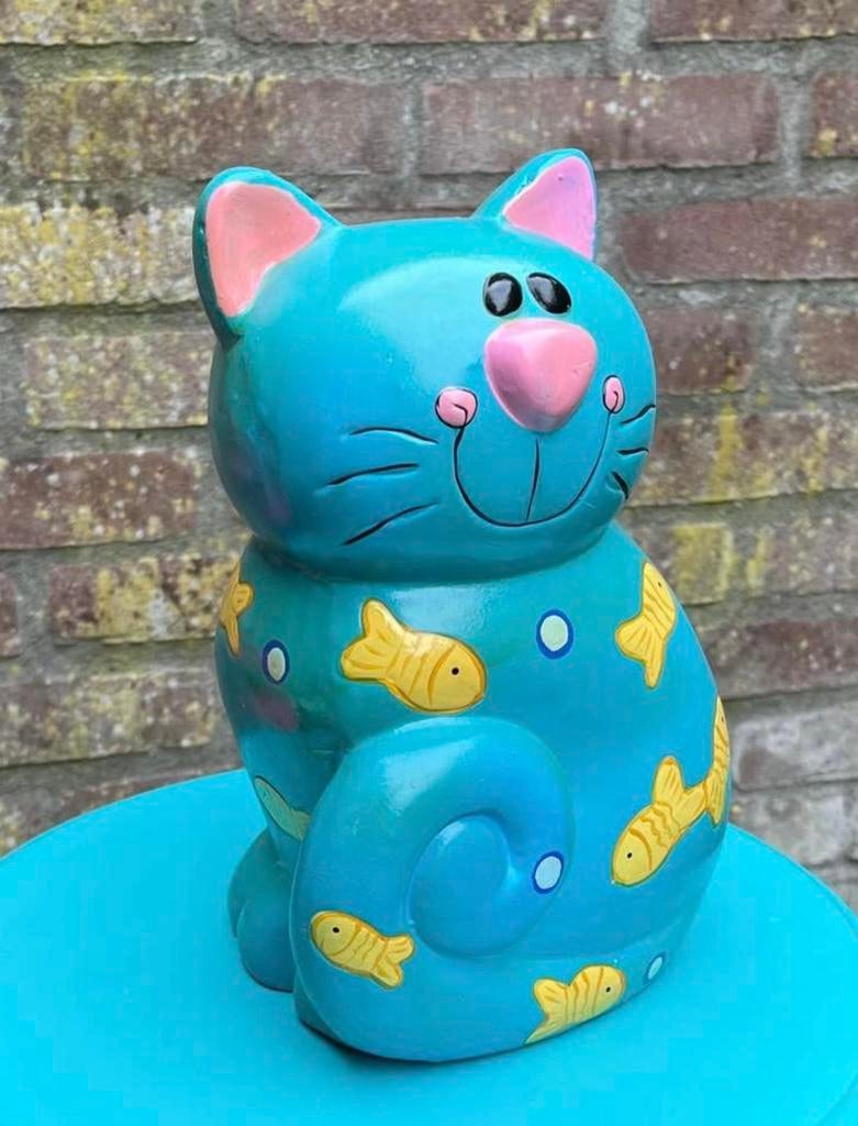 Spaarpot poes kat keramiek steen lichtblauw groot, Ophalen, Gebruikt