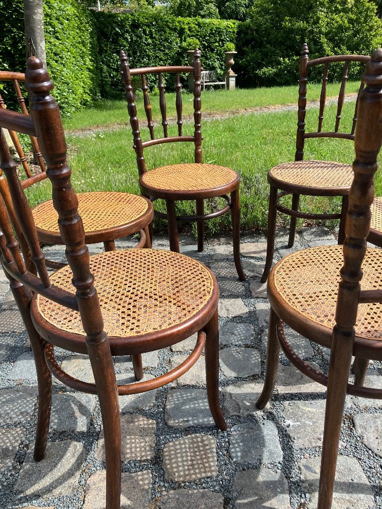 6 authentieke Fischel webbing bistro stoelen, Huis en Inrichting, Stoelen, Ophalen, Fischel / Thonet, Gebruikt, Bruin