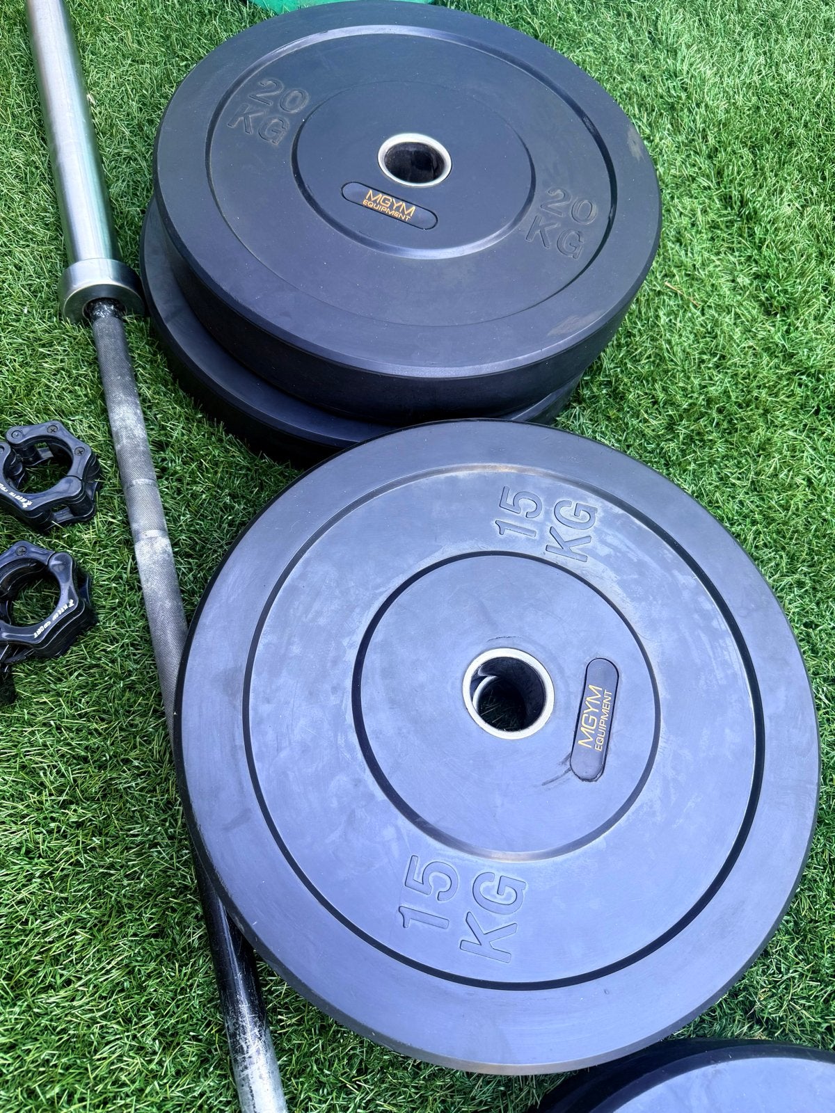Gewichthefset 120kg schijven + barbell en klemmen, Ophalen, Gebruikt, Halterset