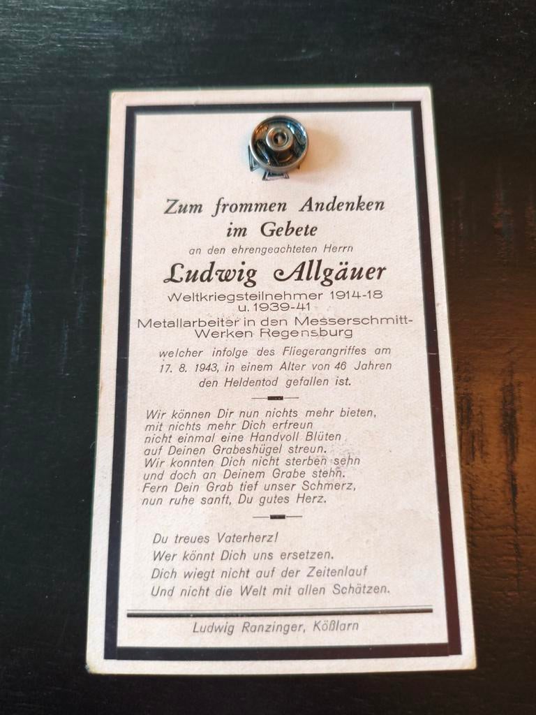 Bidprent WOII Ludwig Allgäuer - Messerschmitt Werke, Ophalen of Verzenden, Overige soorten, Duitsland, Foto of Poster
