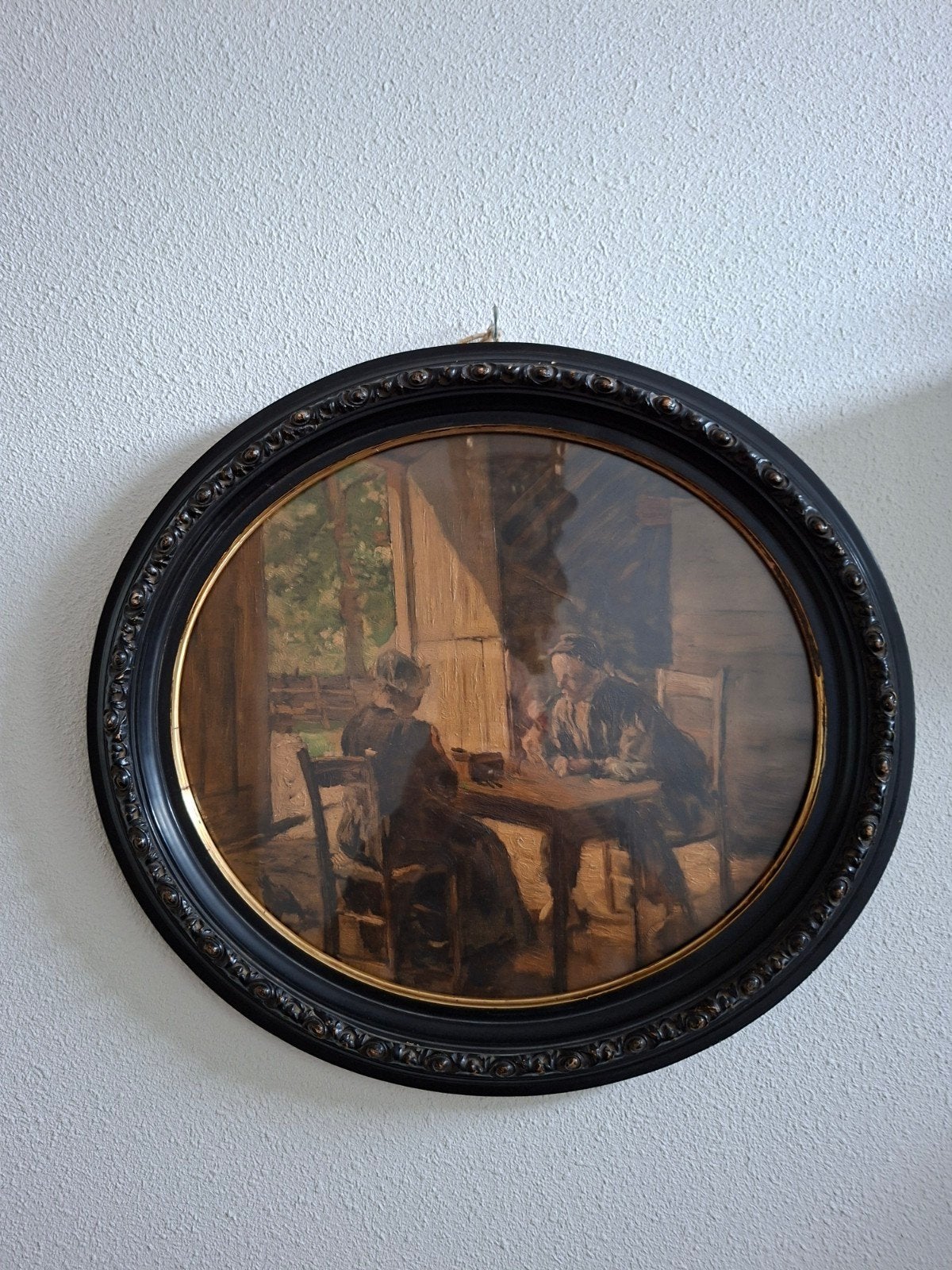 Oud Hollands Schilderij: Twee Personen aan Tafel, Ophalen of Verzenden