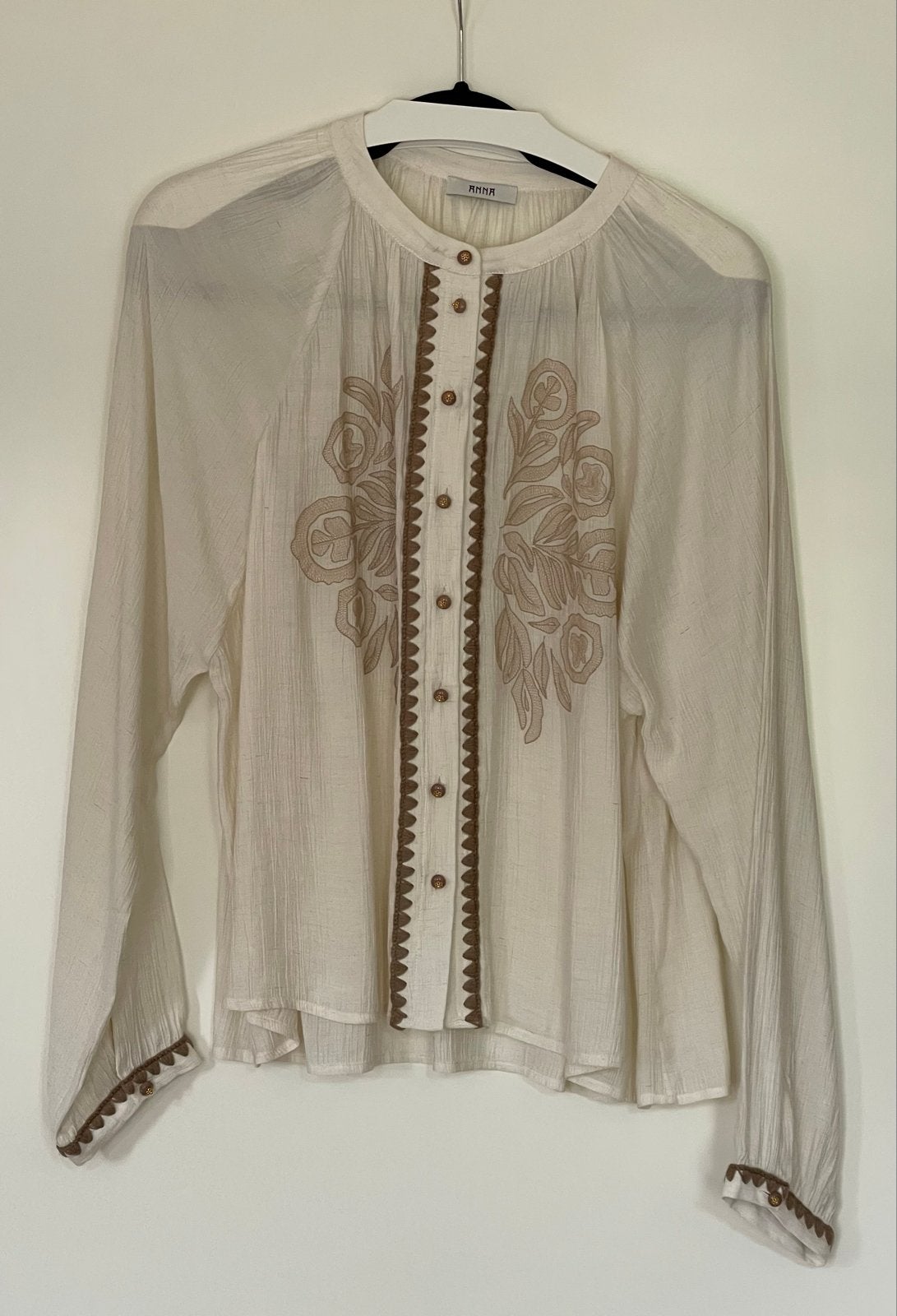 Anna van Toor geborduurde blouse ecru/beige maat L z.g.a.n., Ophalen of Verzenden, Zo goed als nieuw, Maat 42/44 (L), Beige