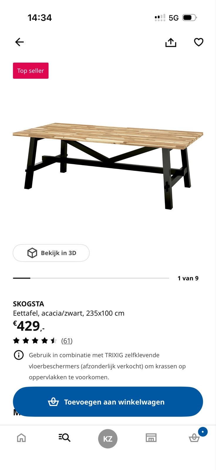 IKEA SKOGSTA Eettafel, acacia/zwart, 235x100 cm, Ophalen, Gebruikt, 200 cm of meer, 50 tot 100 cm