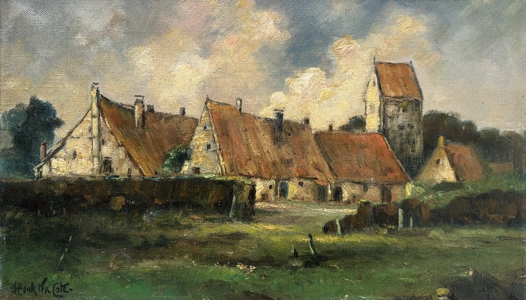 Henk ten Cate (1867-1955)-Dorpsgezicht met kerk, Doek, Ophalen of Verzenden, Landschap, Olieverf