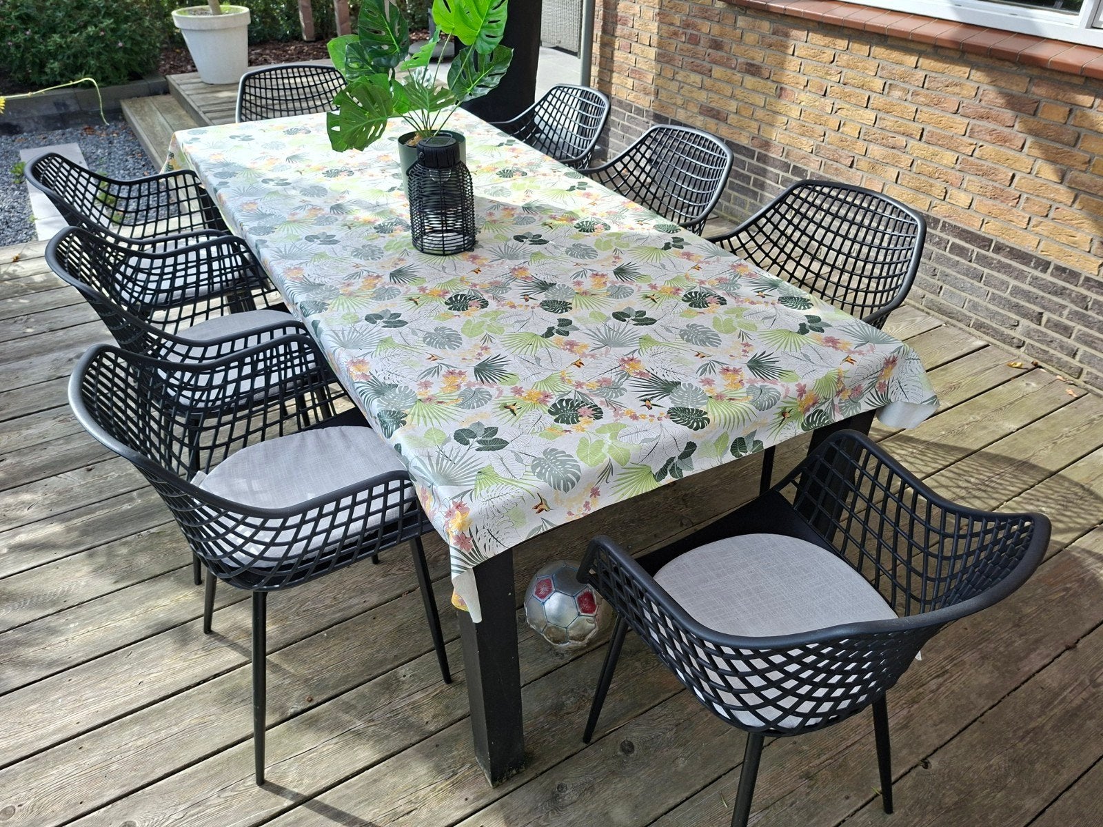 Teak tuintafel met 8 kunststof tuinstoelen, Ophalen, Gebruikt, Rechthoekig, Teakhout
