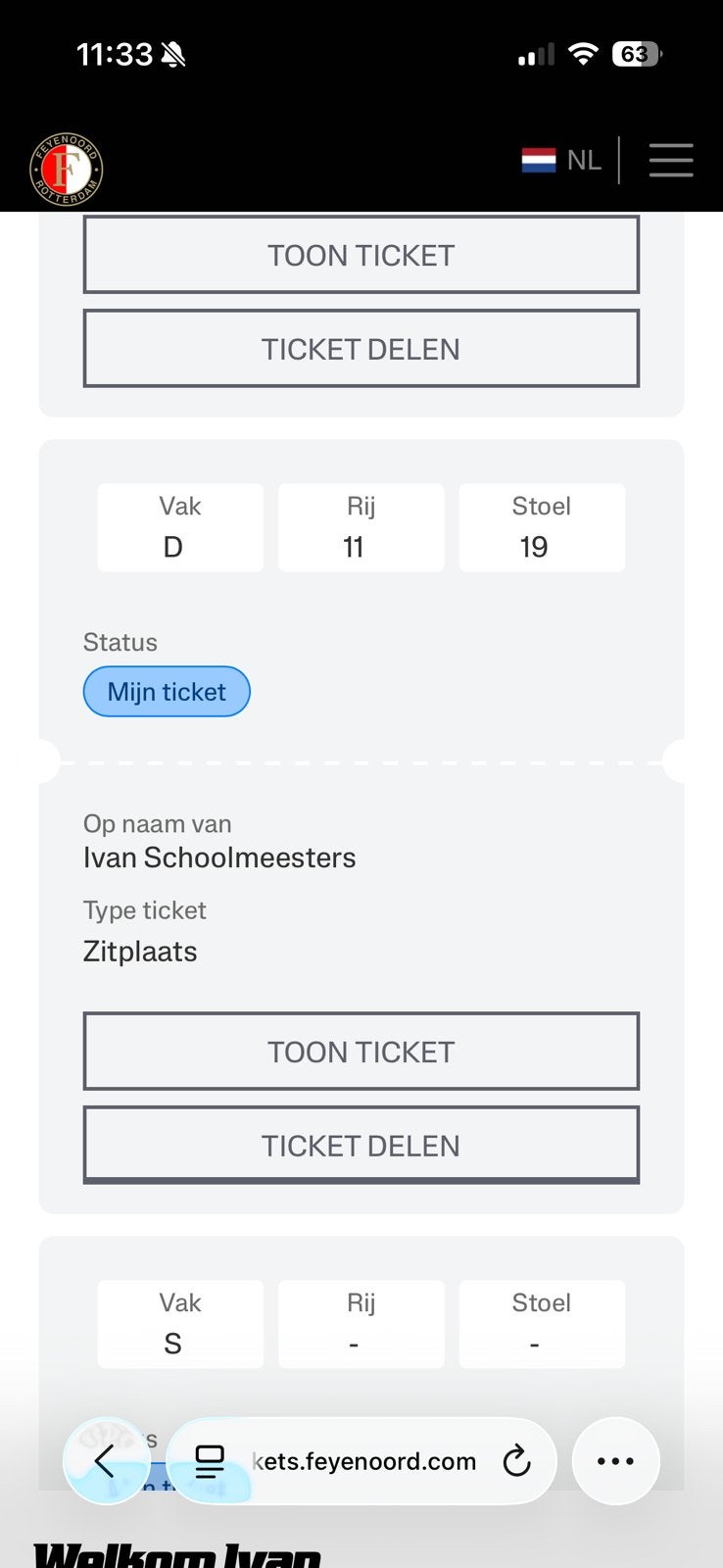 1 ticket feyenoord az vak d, Tickets en Kaartjes, Eén persoon, Overige soorten