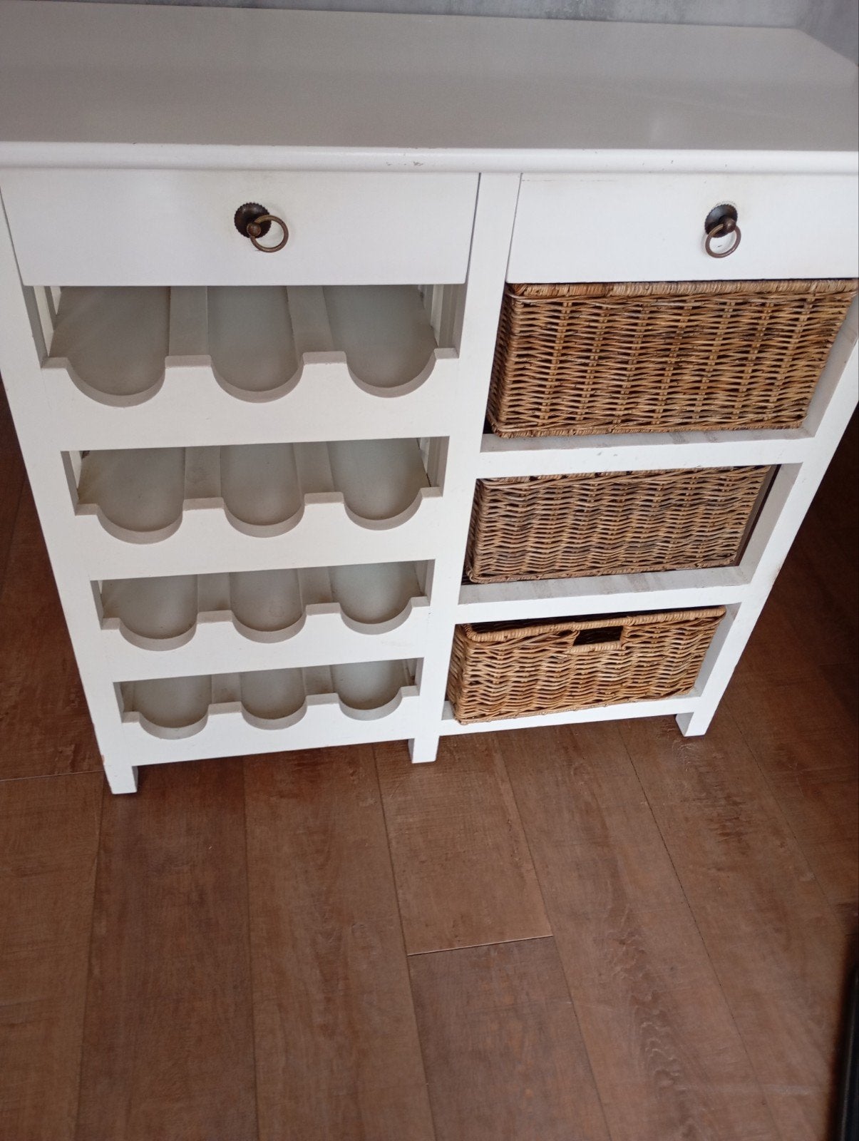 Wijnrek met opbergmanden - Wit houten wijnkastje, Ophalen of Verzenden, Gebruikt, Hout