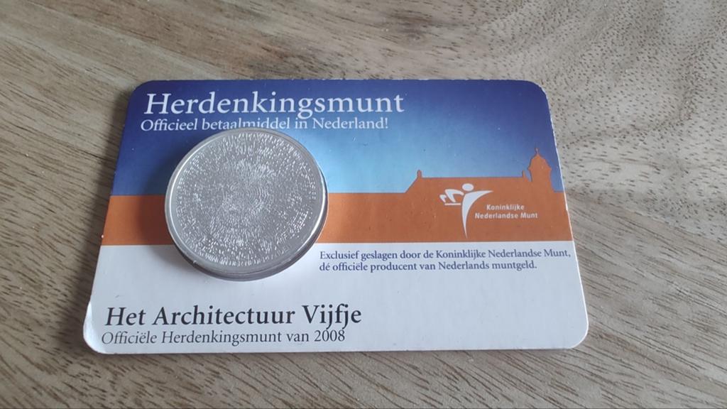 Herdenkingsmunt Architectuur Vijfje 2008 - Zwaar Verzilverd, Ophalen of Verzenden, Koningin Beatrix, Euro's