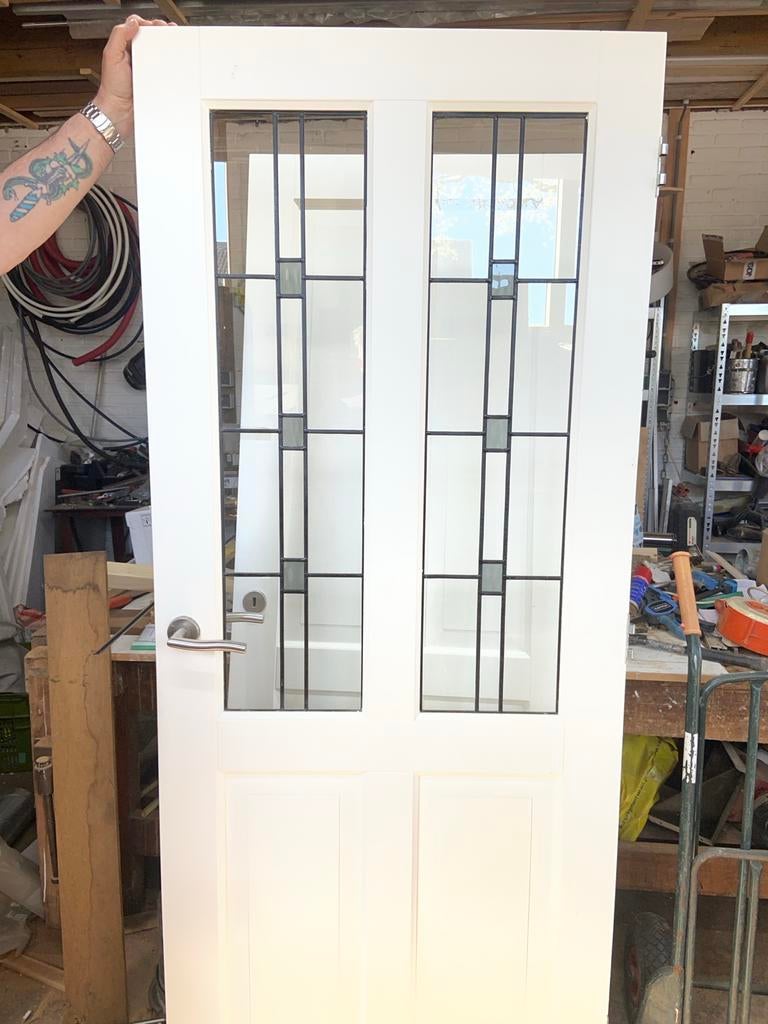 Witte binnendeur met glas-in-lood look, Doe-het-zelf en Verbouw, Deuren en Horren, Ophalen, 80 tot 100 cm, Binnendeur, Zo goed als nieuw