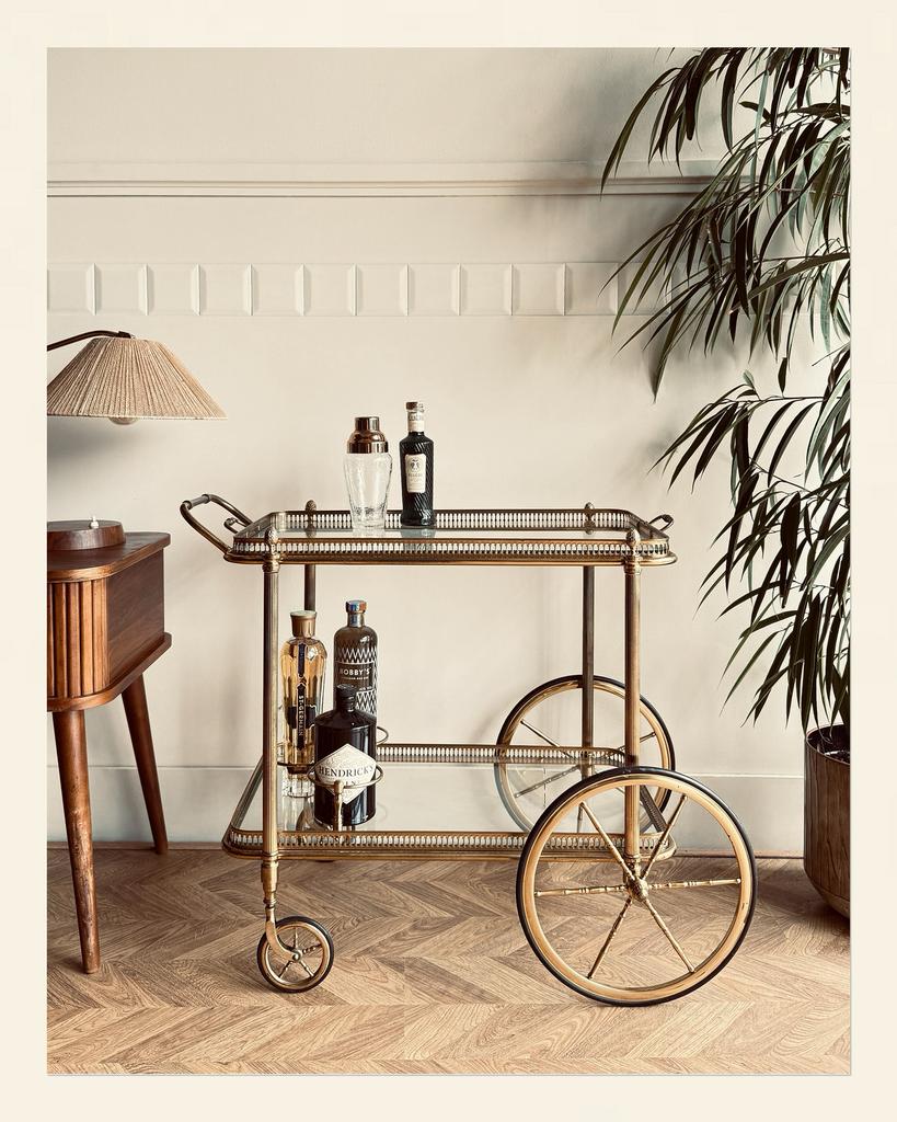 Unieke Vintage franse serveerwagen uit messing (jaren 50), Huis en Inrichting, Tafels | Bijzettafels, Gebruikt, Trolleywood, Ophalen of Verzenden