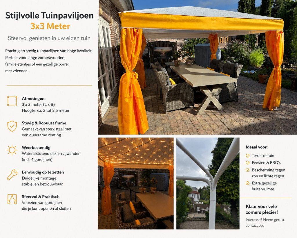 Stijlvol Tuinpaviljoen 3x3 Meter met Gordijnen party tent, Tuin en Terras, Partytenten, Ophalen, Opvouwbaar, Minder dan 4 meter