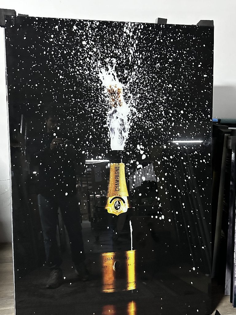 Golden Champagne glasschilderij 100x150 Gehard glas, Ophangklaar, Stilleven, Glas, Ophalen of Verzenden