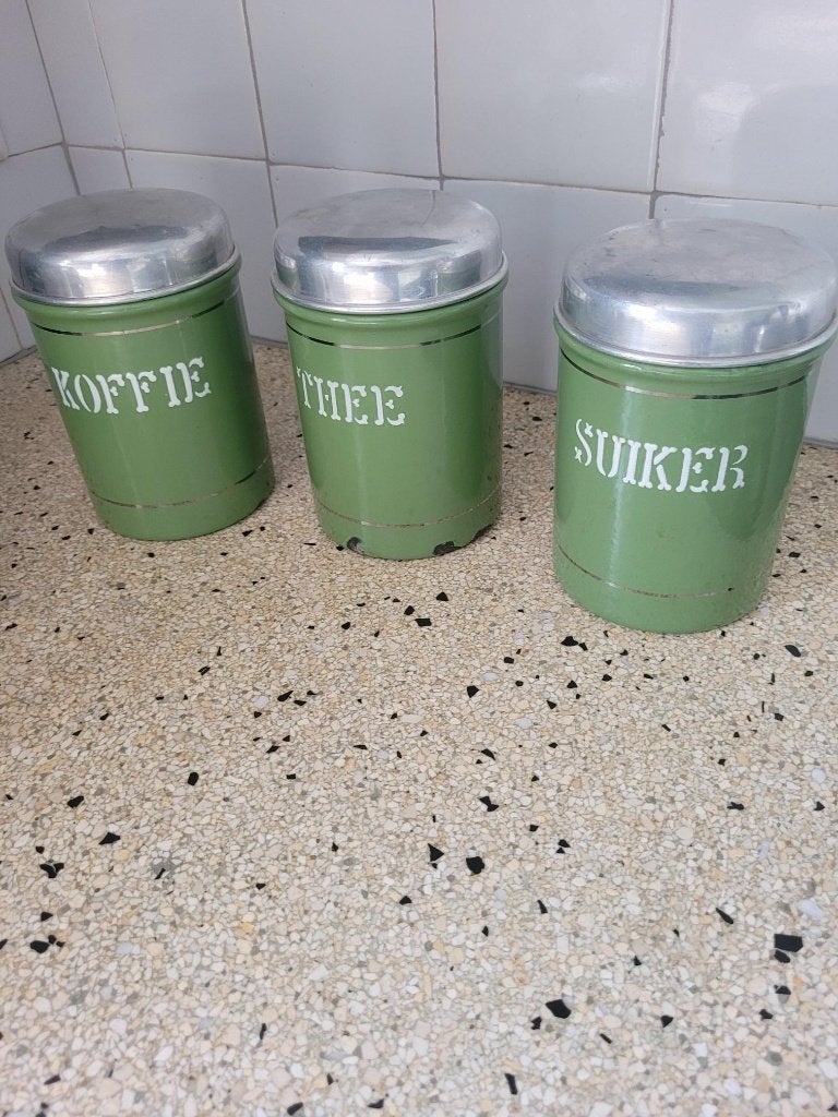 Emaille: Koffie thee en suikerpot, Antiek en Kunst, Antiek | Servies compleet, Ophalen