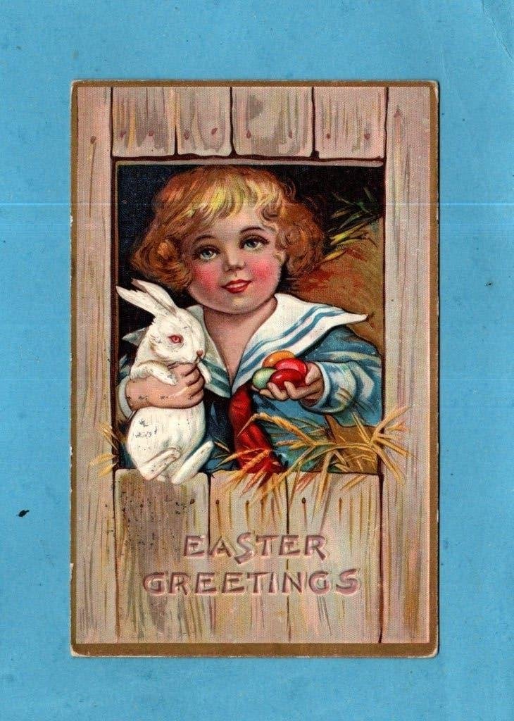 Mooie oude paaskaart/reliéf W009 - Kindje/haasje/paaseitjes, Verzenden, Voor 1920, Gelopen, Feest(dag)