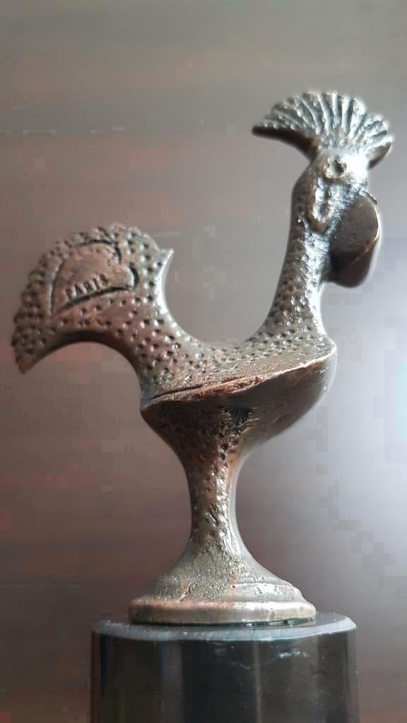 Franse brons Gallische haan beeldje op marmeren, Antiek en Kunst, Ophalen of Verzenden, Brons