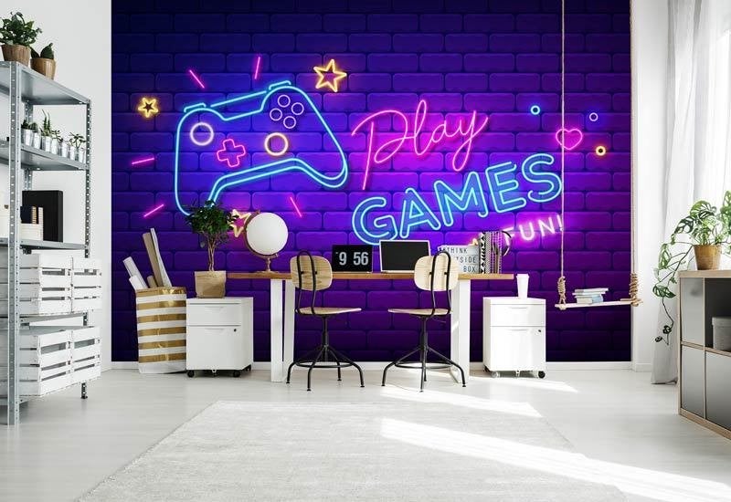Fotobehang / Behang - Gamekamer - Neon Game - Play Games, Fotobehangkoning.nl, Overige patronen, Hoogeveen, Info@fotobehangkoning.nl