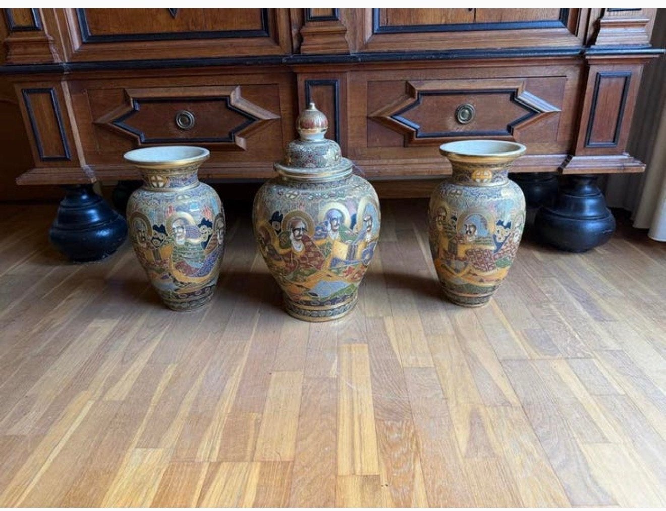 Prachtige Satsuma Aardewerk Set: 2 Vazen & Pot met Deksel, Antiek en Kunst, Ophalen