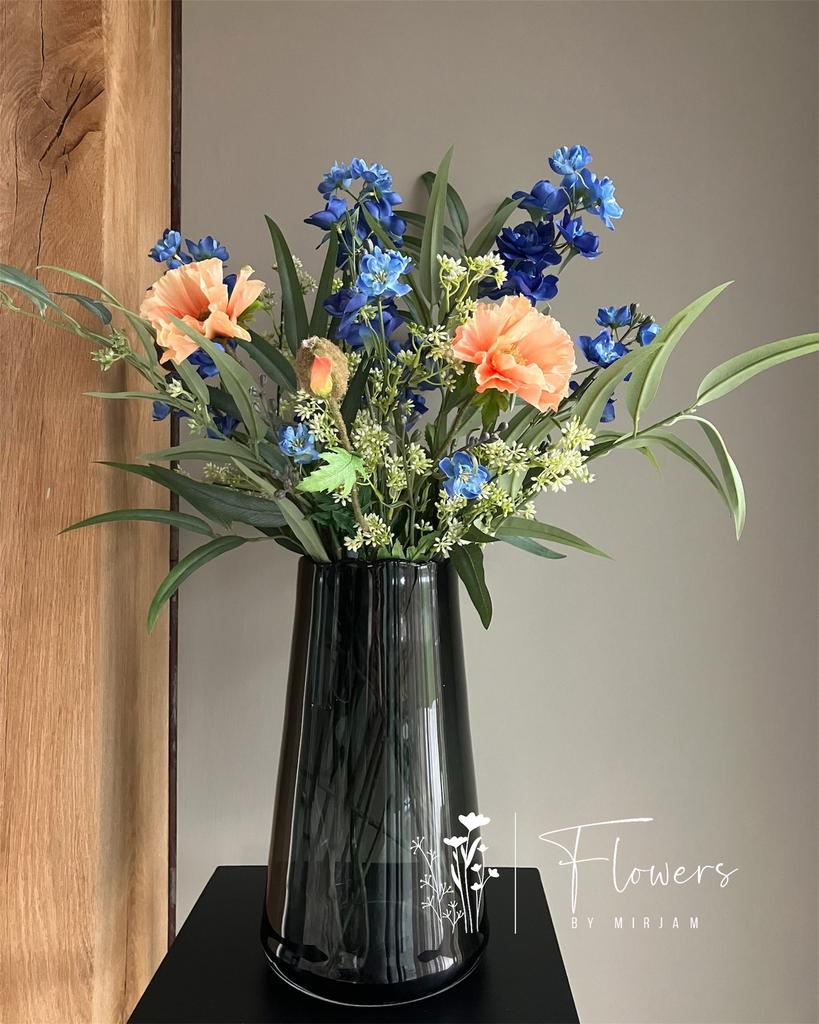 Zijden silk boeket met blauw/perzik tinten NIEUW!, Binnen, Info@flowersbymirjam.nl, Nieuw, Transformatorstraat 6a