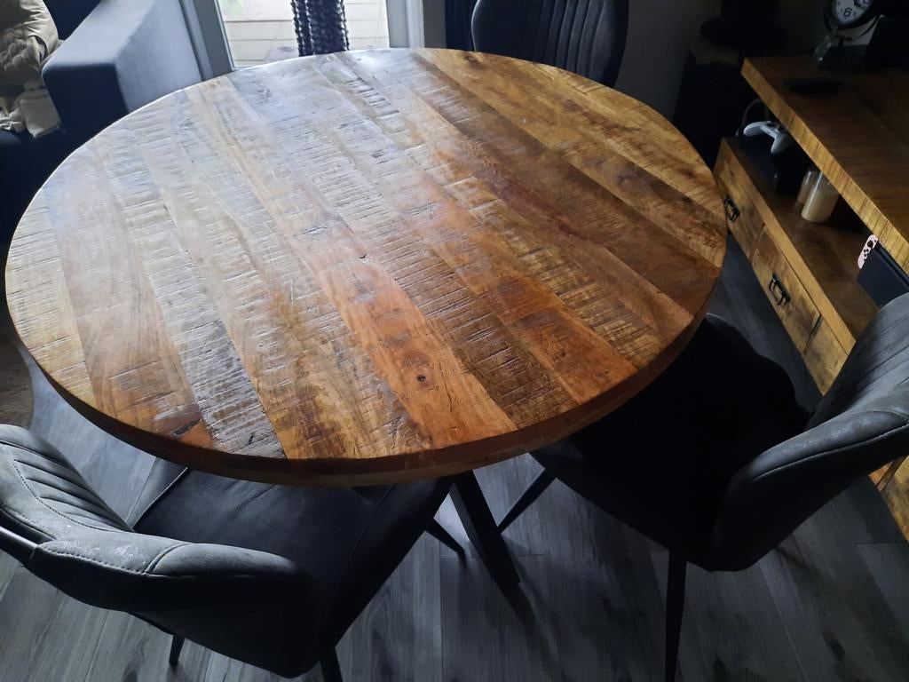 Ronde mango houten tafel 130 x 130, Ophalen, Gebruikt, Rond, Vier personen