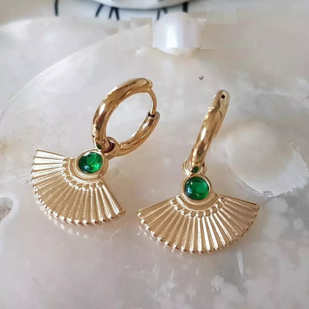Oorbellen RVS Waaier Smaragd kleurige Zirconia, Met kristal, Overige materialen, Hangers, Verzenden
