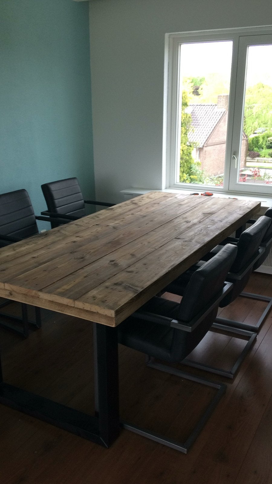 Eikenhouten eettafel met U-frame en 6 antraciet stoelen, Ophalen, Eikenhout, 200 cm of meer, 50 tot 100 cm