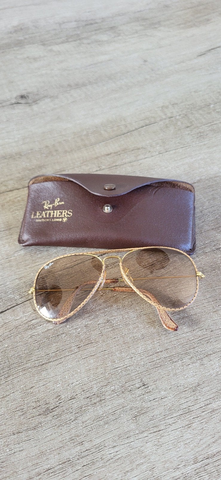 Vintage Ray-Ban Leathers Aviator Zonnebril met Hoesje, Gebruikt, Zonnebril, Bruin, Ophalen of Verzenden